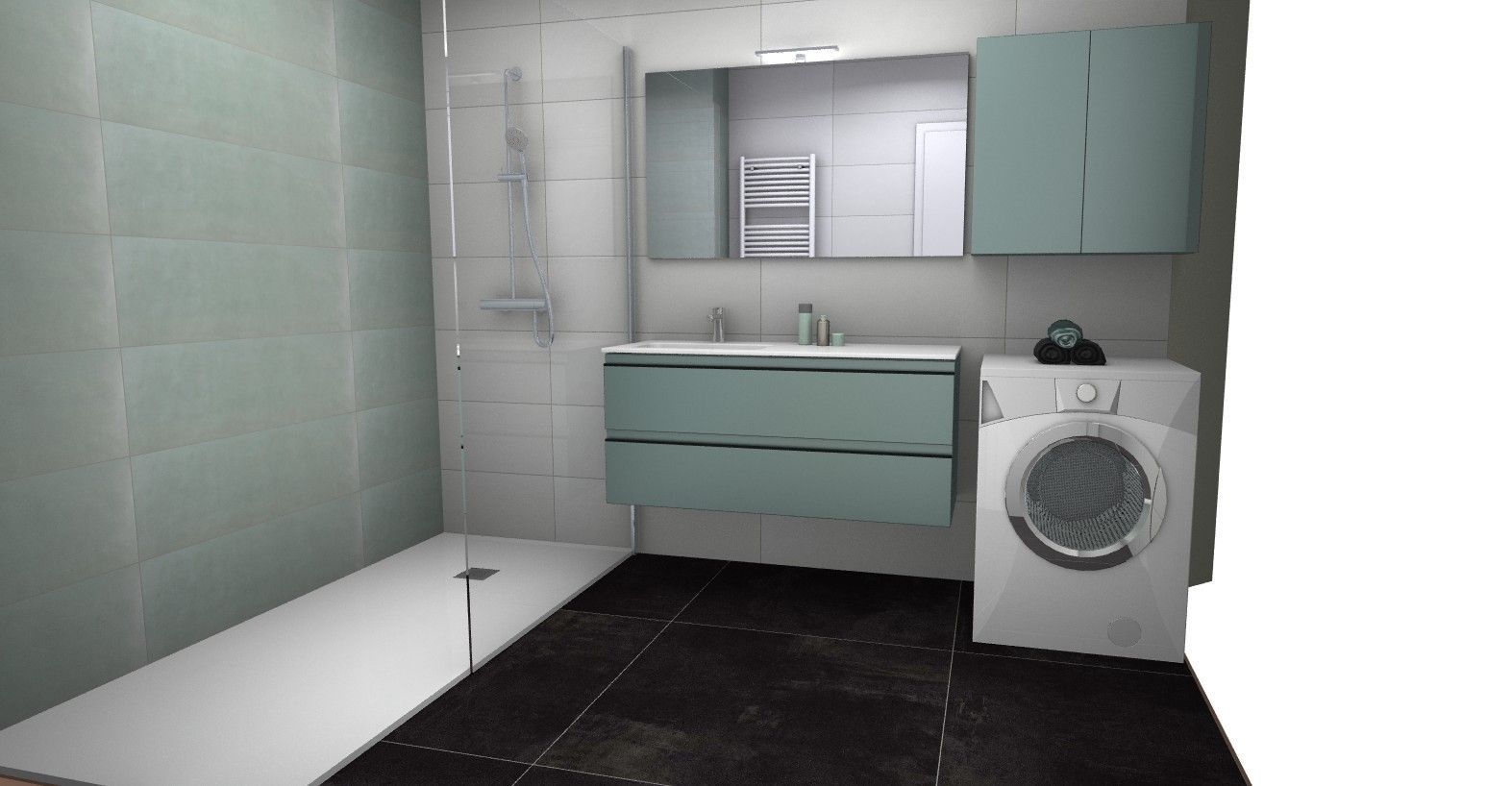 Une salle de bain avec lavabo, laveuse et sécheuse.