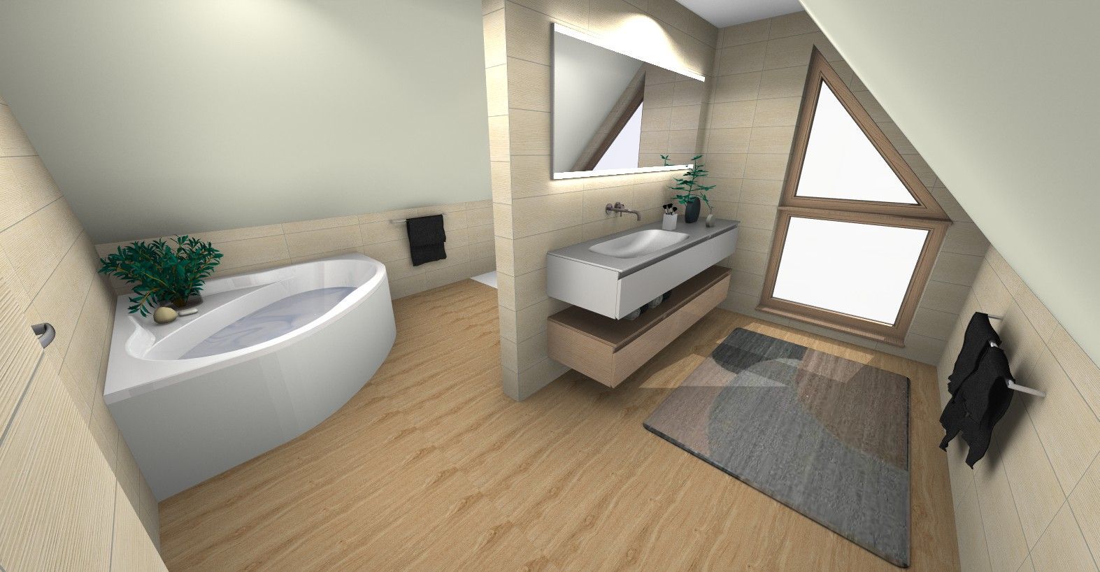 Une salle de bain avec baignoire, lavabo et miroir.