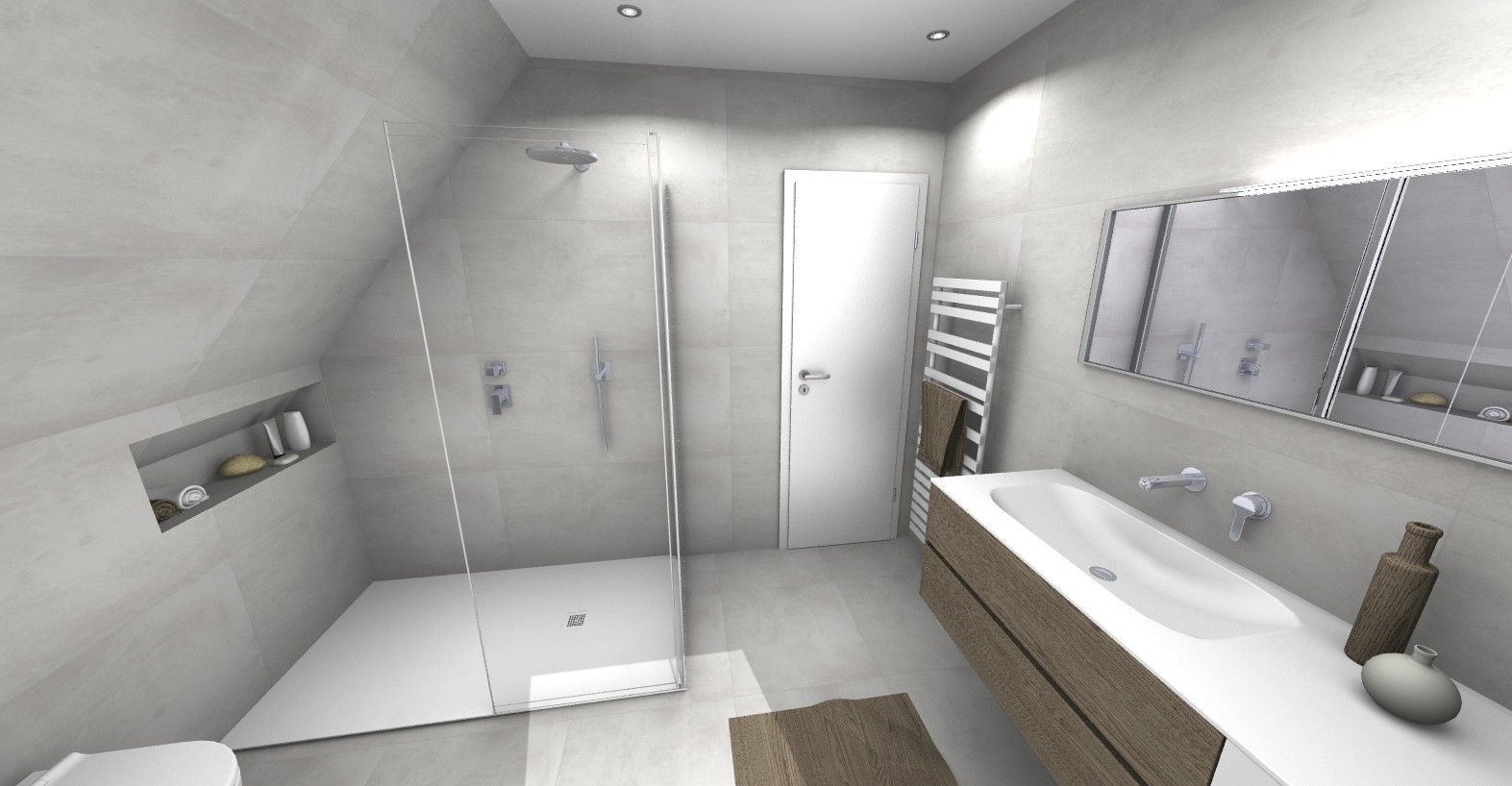 Une salle de bain avec douche à l'italienne, lavabo et miroir.