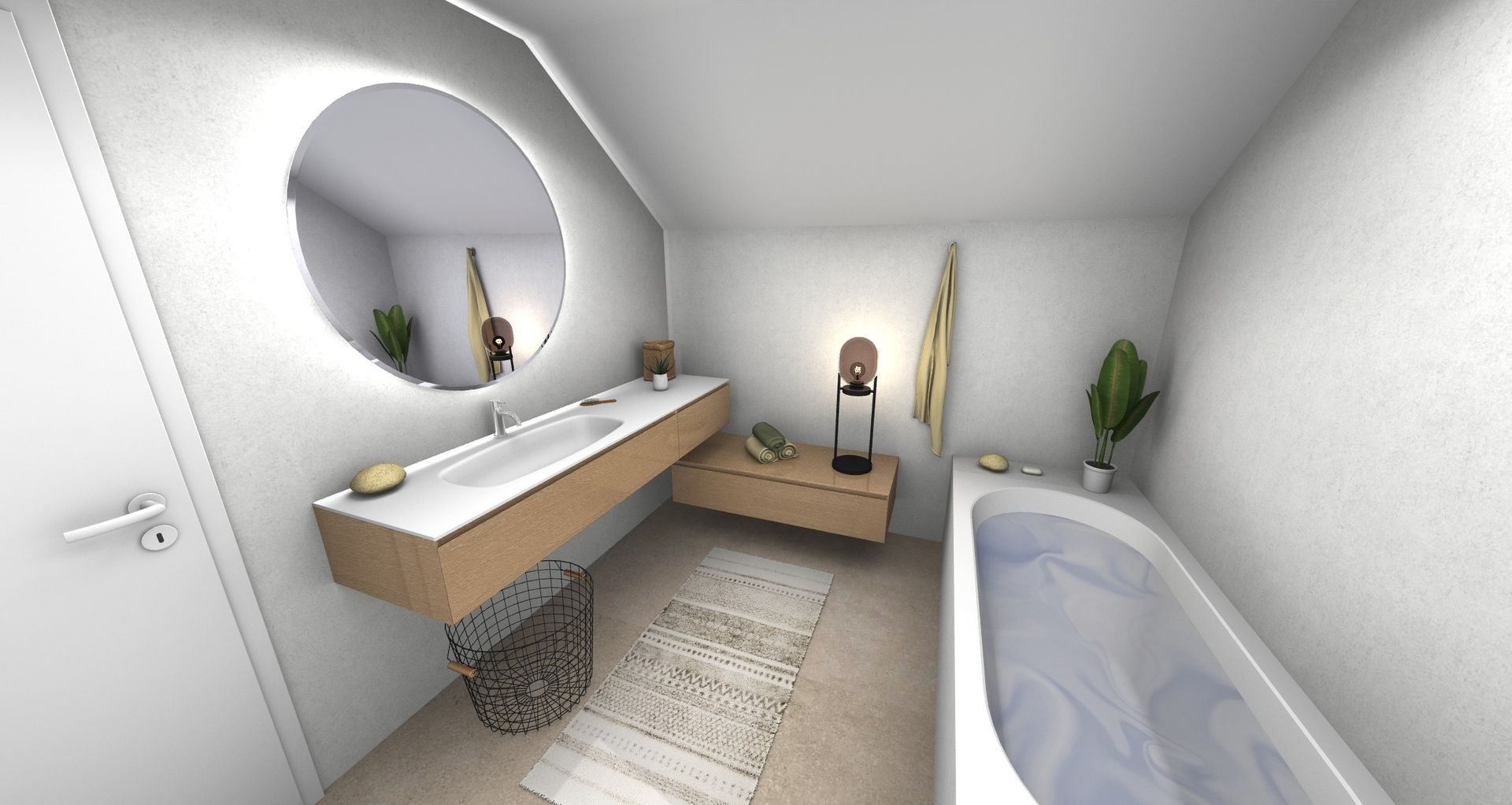 Une salle de bain avec baignoire, lavabo et miroir.
