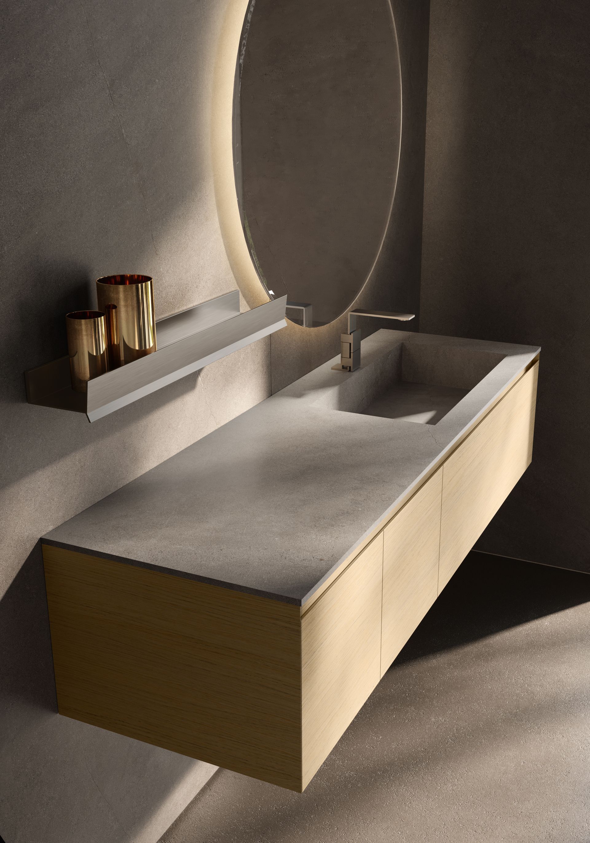 Meuble de salle de bain CUBIK de la marque IDEAGROUP, façade en chêne , plan en grès et vasque intégrée en grès.