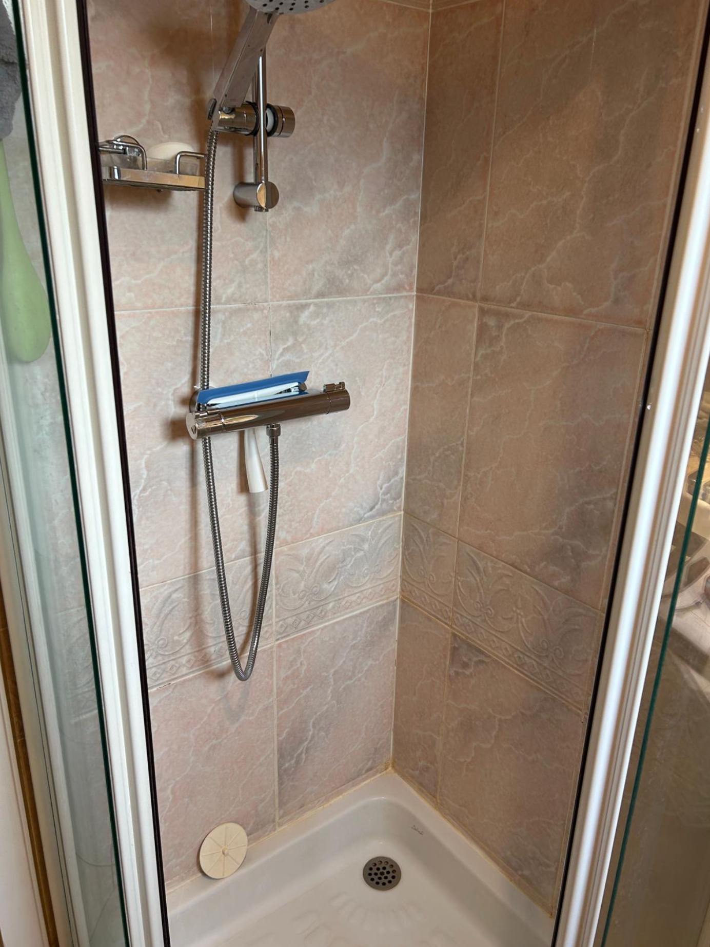 Une cabine de douche avec une pomme de douche et un porte-savon.