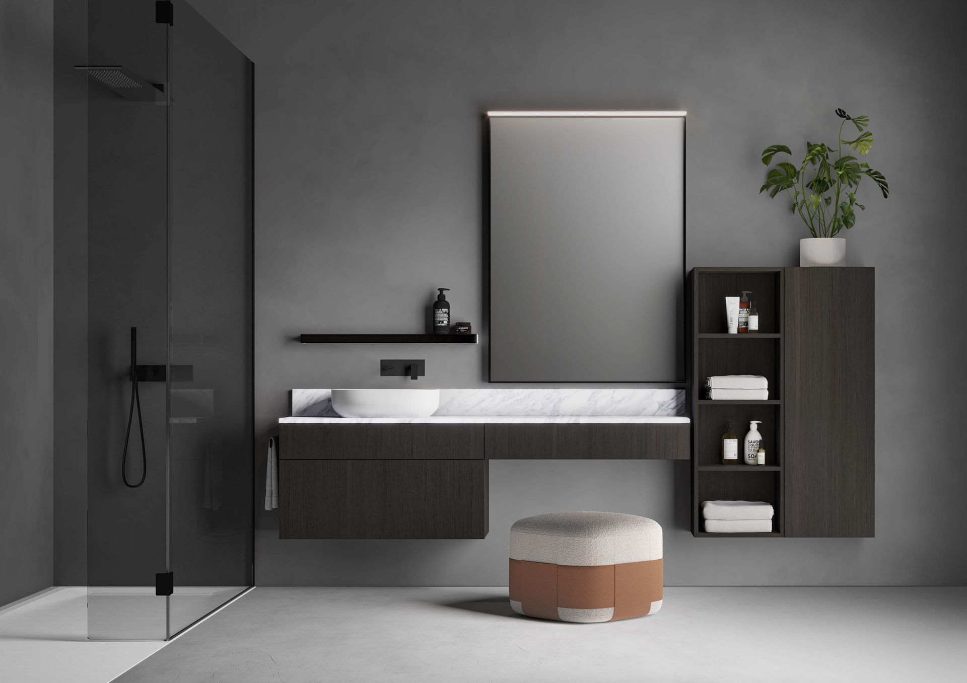 Composition meuble salle de bain sur mesure, IDEAGROUP
Plan de toilette en pierre naturel, vasque à poser en aquatek.