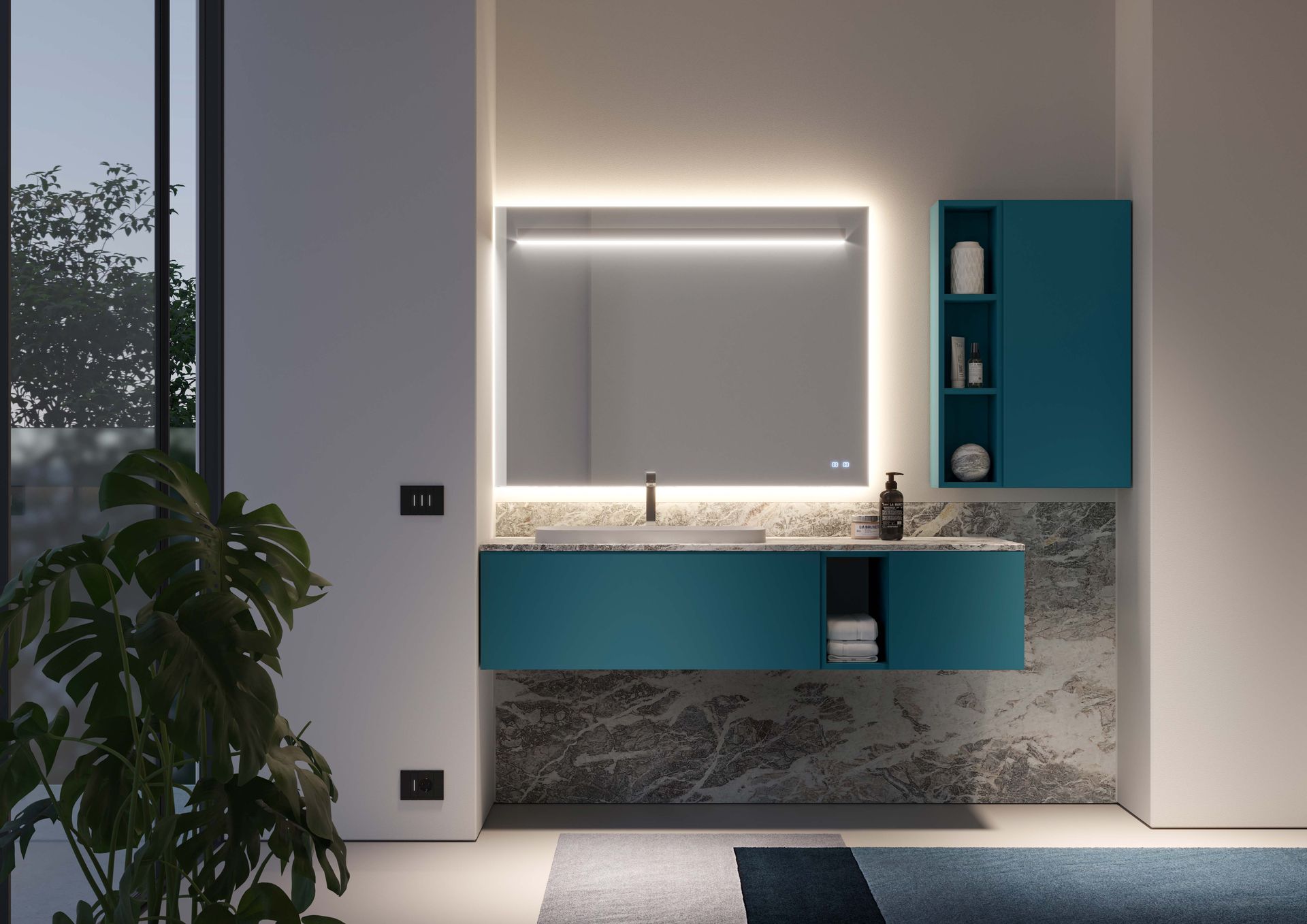 Meuble de salle de bain sur mesure IDEAGROUP, plan de toilette en marbre naturel, miroir rétroéclairé, crédence en pierre naturel.