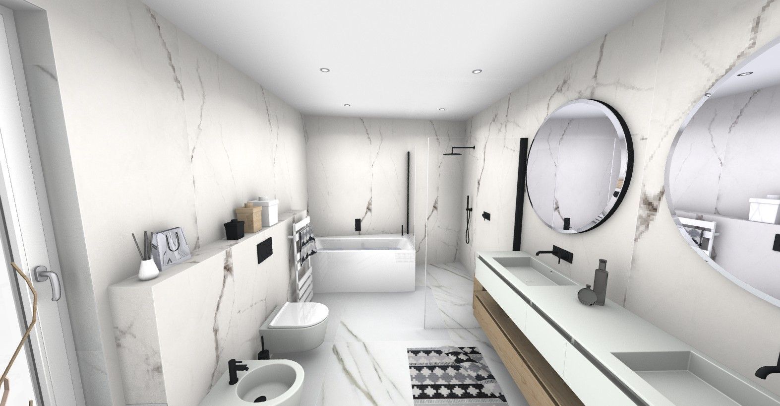 Une salle de bain avec deux lavabos, un WC et une baignoire.