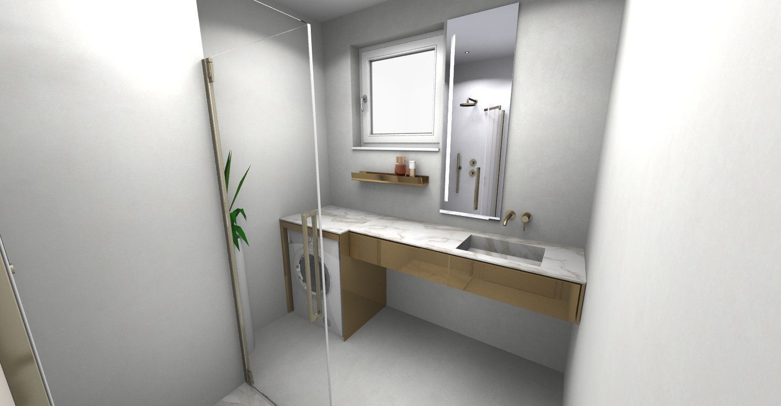 Une salle de bain avec lavabo, miroir et douche à l'italienne.