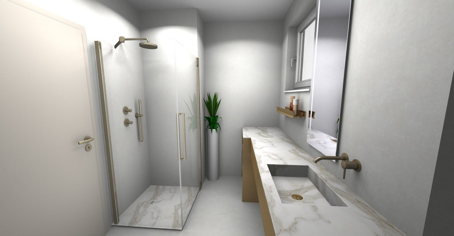 Une salle de bain avec lavabo, douche et miroir.