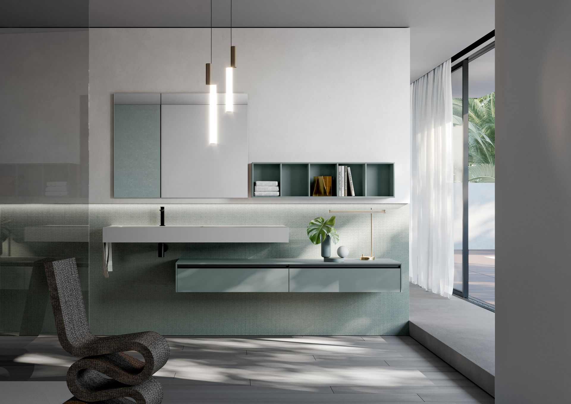 Une salle de bain avec un lavabo, un miroir et une chaise.