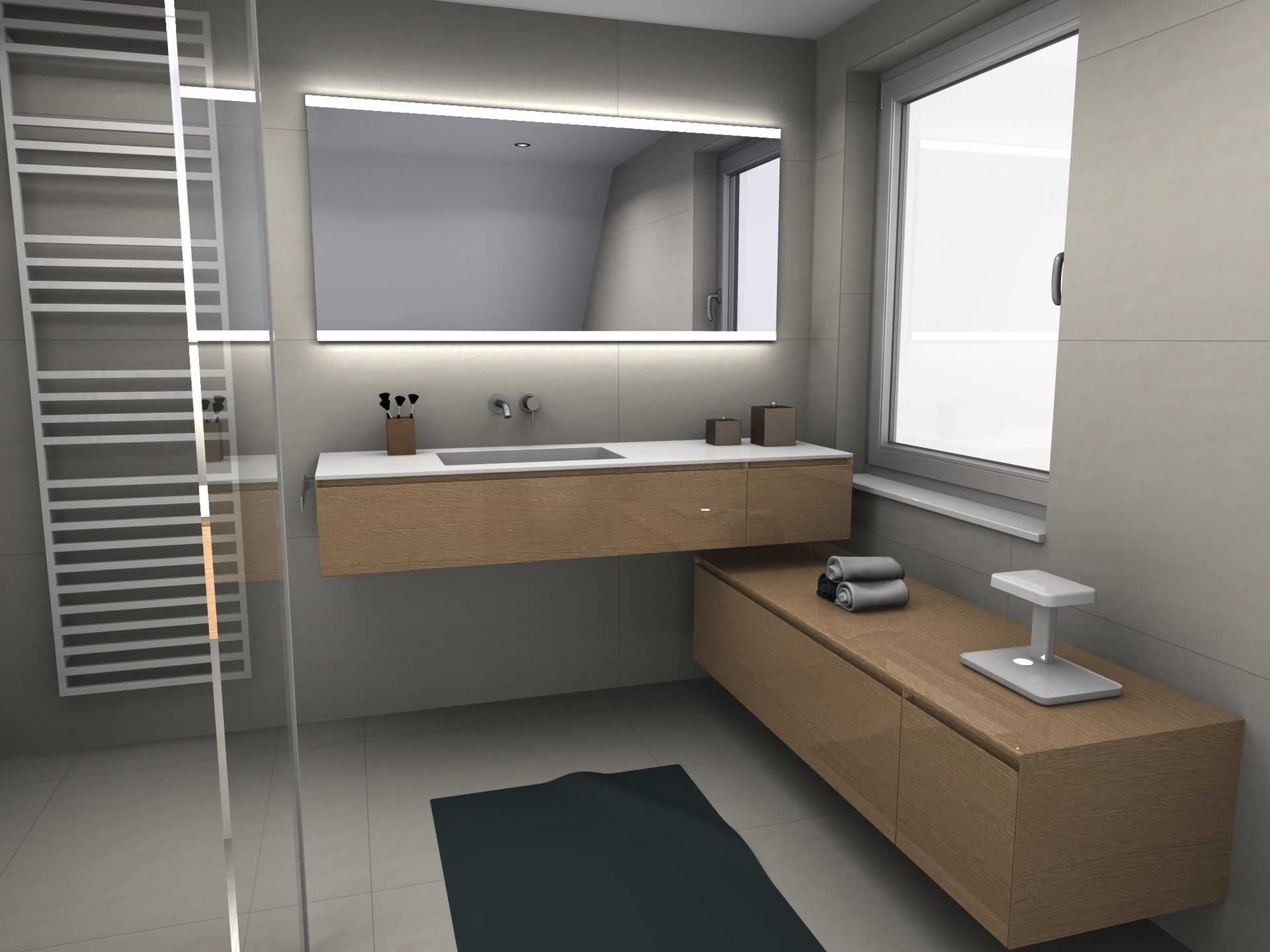 Une salle de bain avec un lavabo et un grand miroir