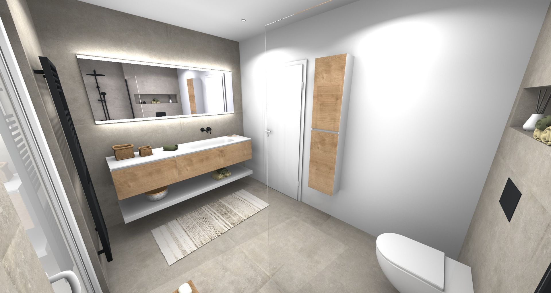 Une salle de bain avec WC, lavabo et miroir.