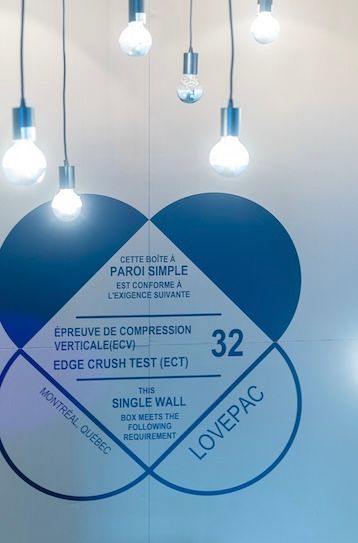 Graphisme mural avec des formes et du texte bleus, sous des ampoules suspendues, avec le numéro 32 et « LOVEPAC ».