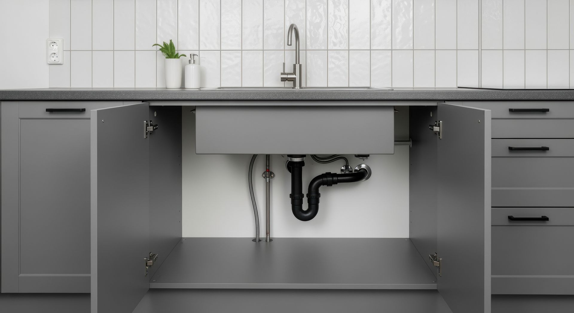 Meuble sous-évier gris avec portes ouvertes, tuyauterie apparente et crédence en carrelage blanc