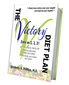 Book cover: “The Victory Diet Plan” in white, green, and blue with nutritional text and fruit at the bottom