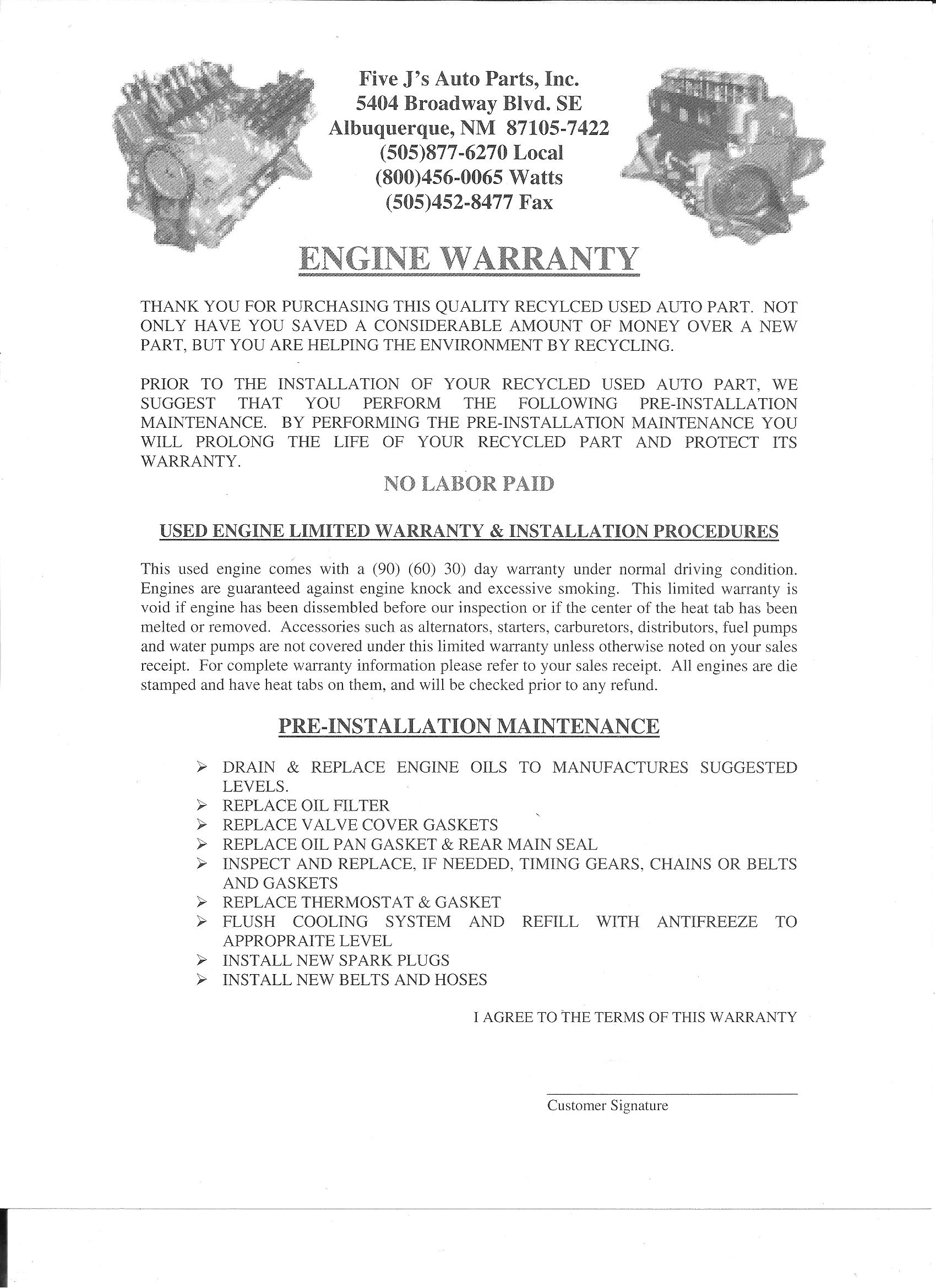 Engine Warranty — Albuquerque, NM — Five J's Auto Parts