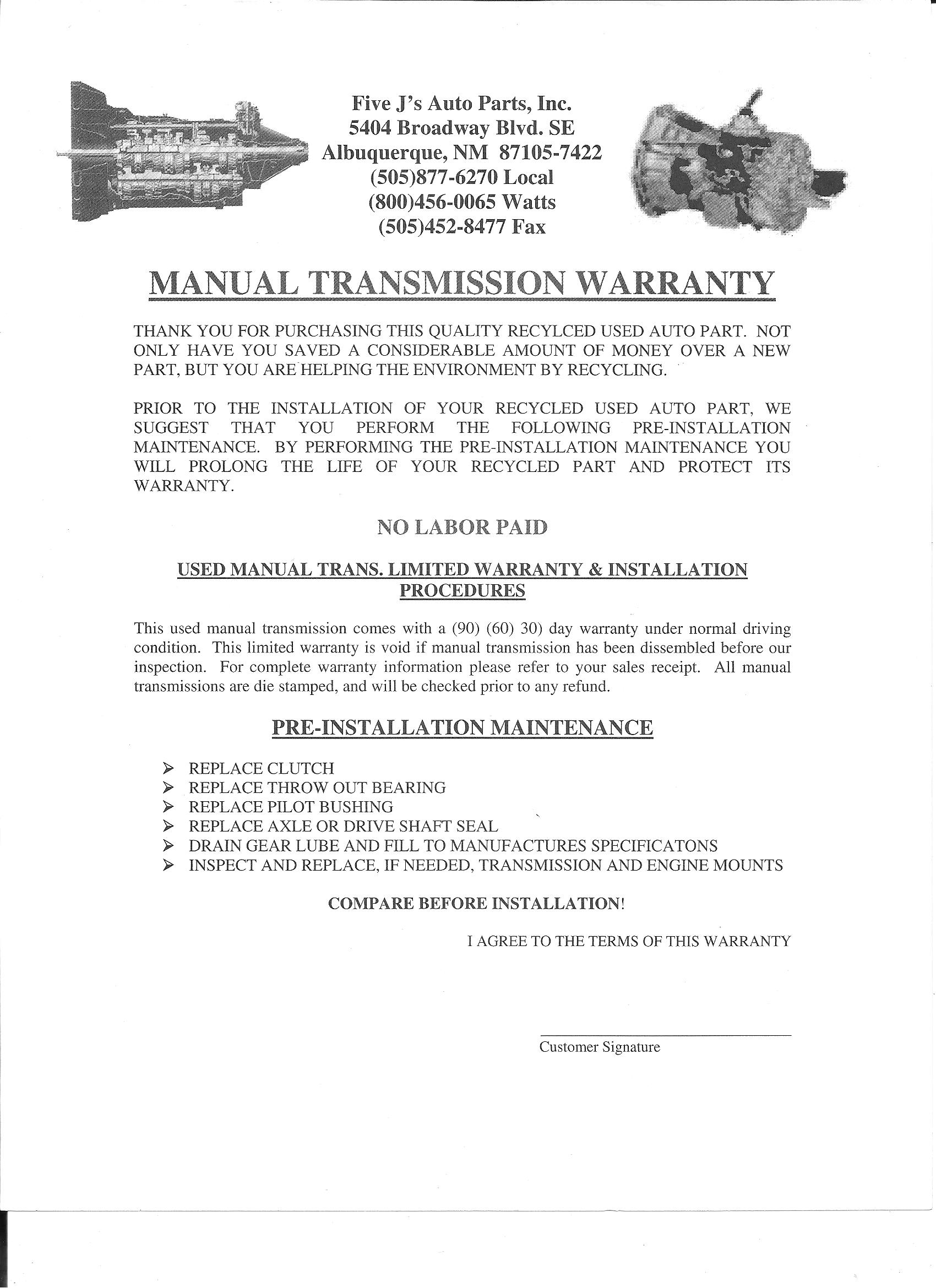 Manual Transmission Warranty — Albuquerque, NM — Five J's Auto Parts