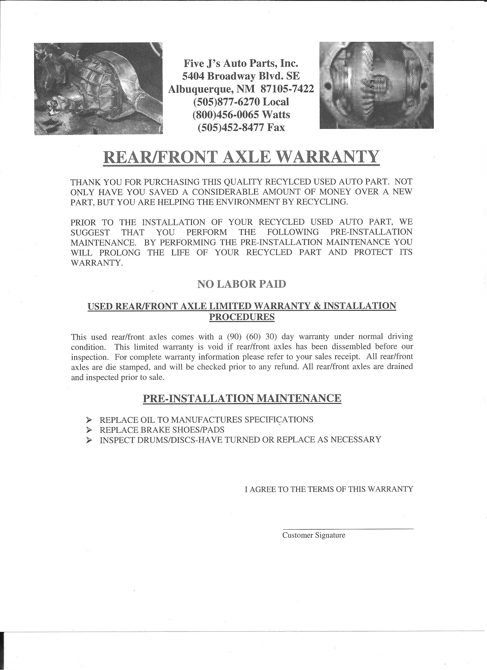 Rear-Front Axle Warranty — Albuquerque, NM — Five J's Auto Parts