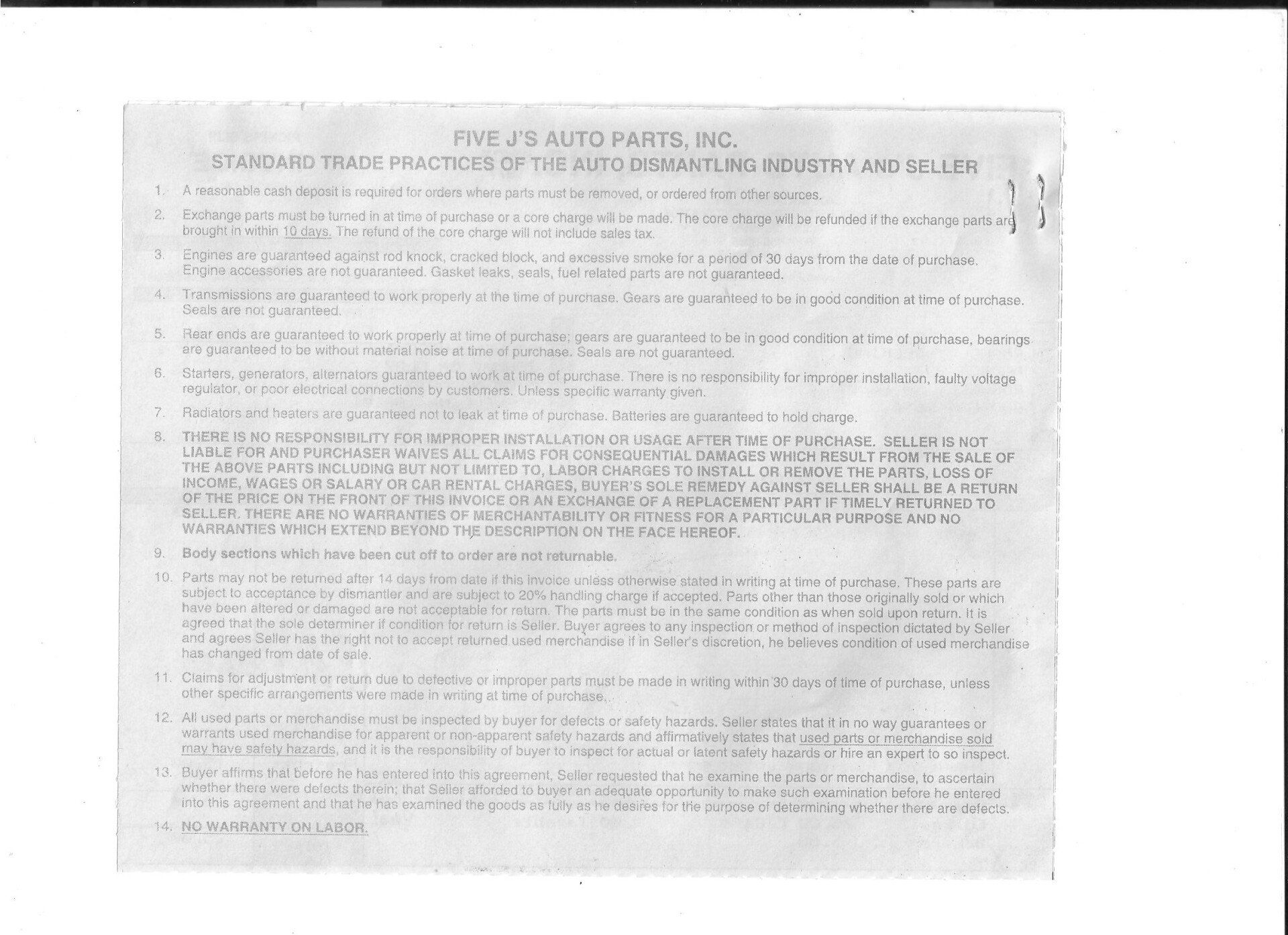 Receipt Warranty — Albuquerque, NM — Five J's Auto Parts