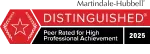 A red and black sign that says distinguished peer rated for high professional achievement.
