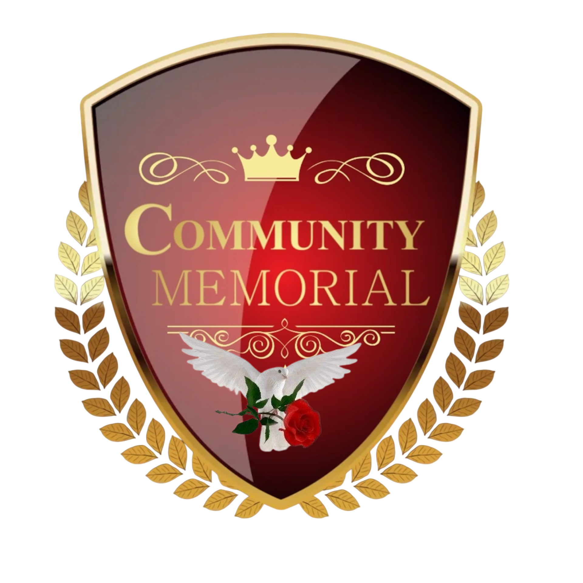 Gold-and-maroon “Community Memorial” crest with laurel wreath, crown, white dove, and red rose