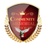Gold-and-maroon “Community Memorial” crest with laurel wreath, crown, white dove, and red rose