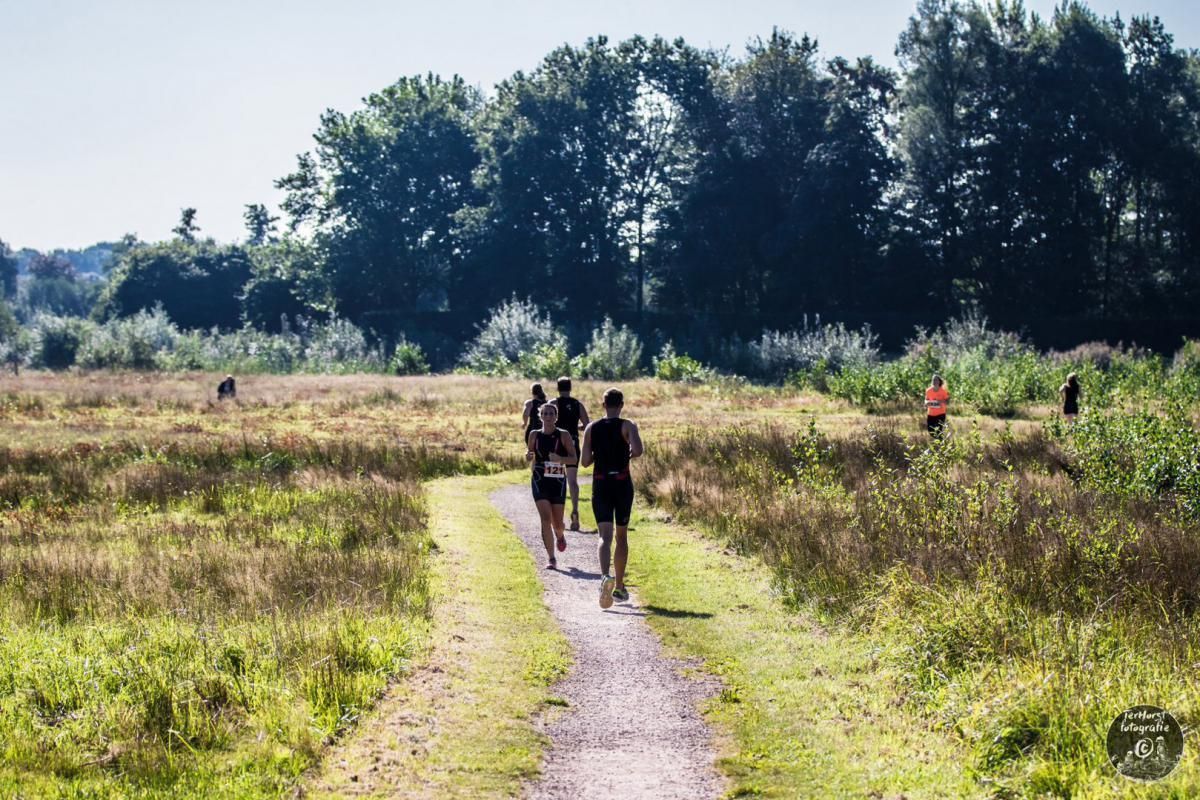 Een groep mensen loopt over een pad in een veld.