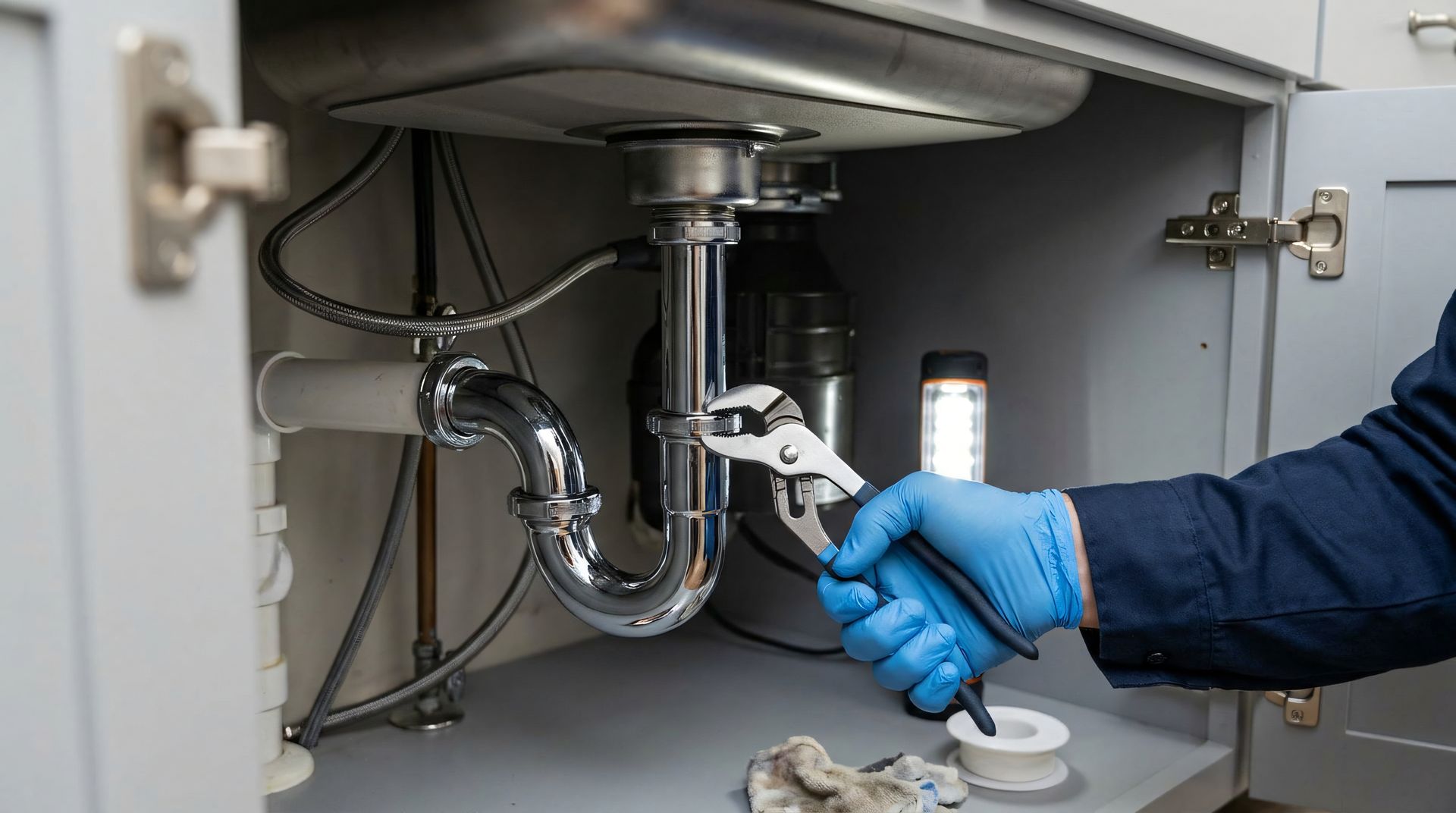 Emergency plumber in blue gloves fixing sink drainpipe