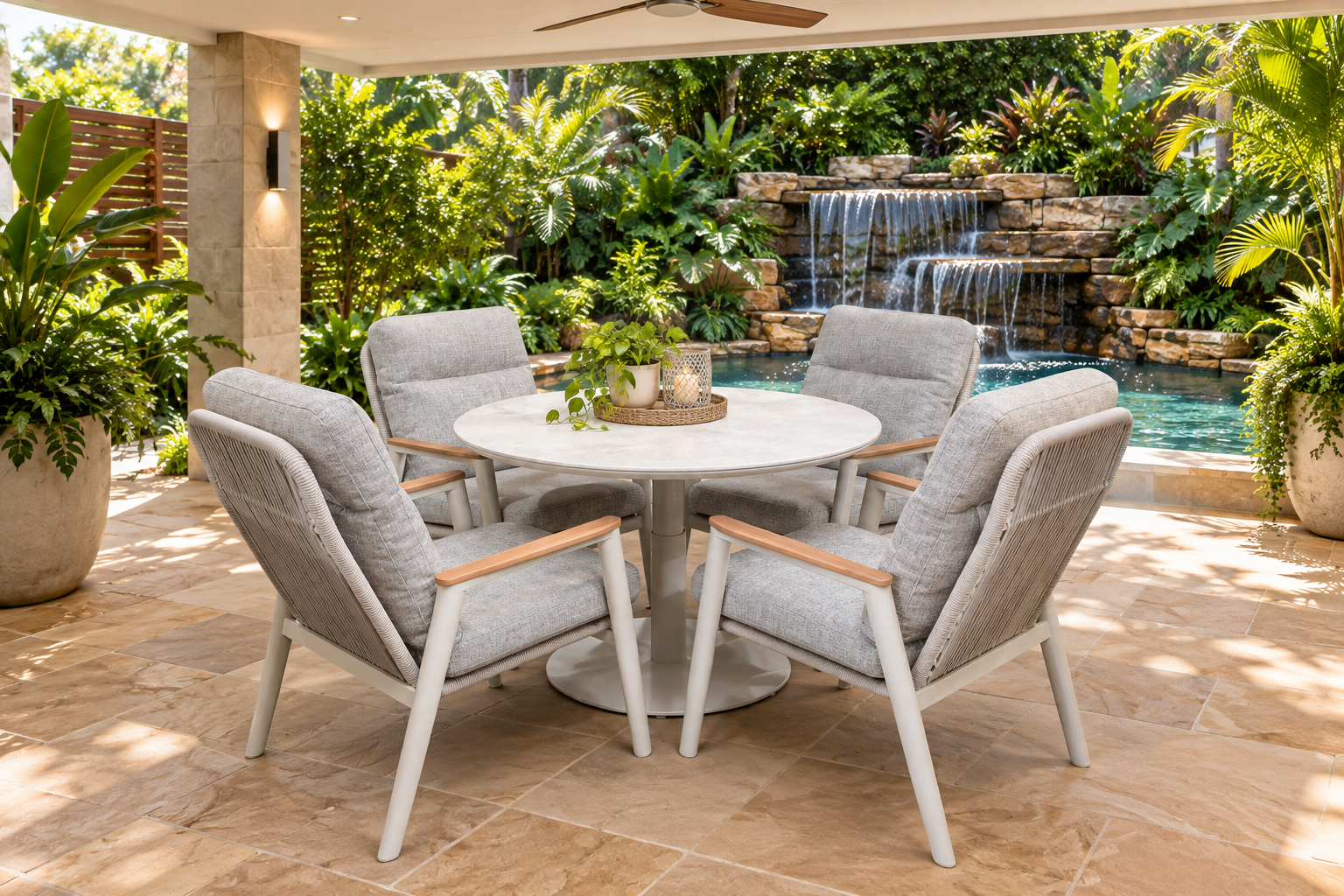 Round outdoor dining setting, sintered stone, cushioned, the outdoor scene, somerton park sa