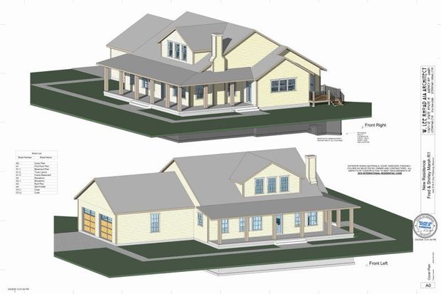 Architectural drawing of a two-story gray and pale yellow house from front and rear views
