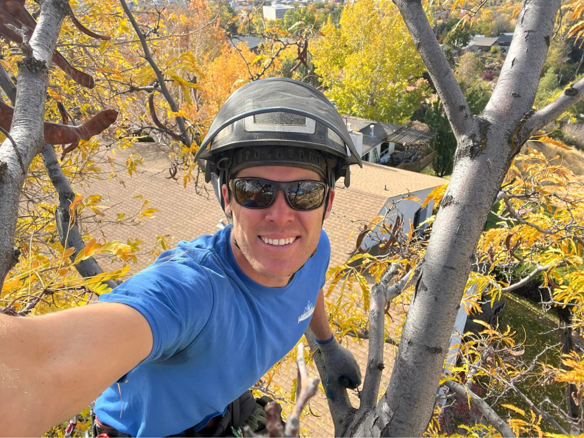 A man wearing a helmet and sunglasses is taking a selfie in a tree.