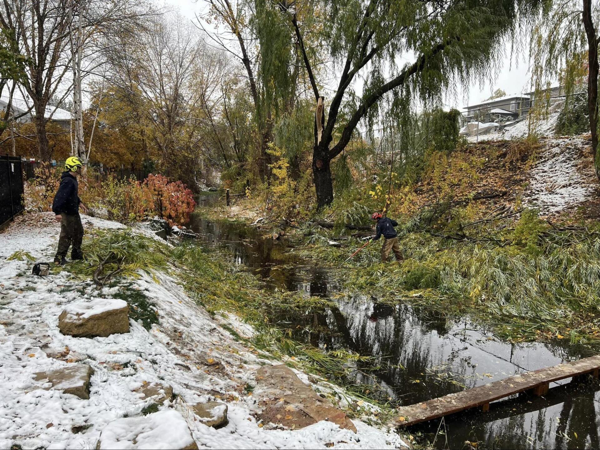 A man is standing next to a river in the snow.