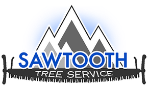 A logo for sawtooth tree service with a mountain in the background.