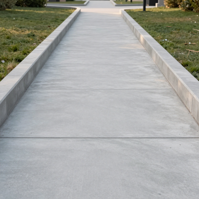 Concrete walkway bordered by low stone curbs through a grassy park area