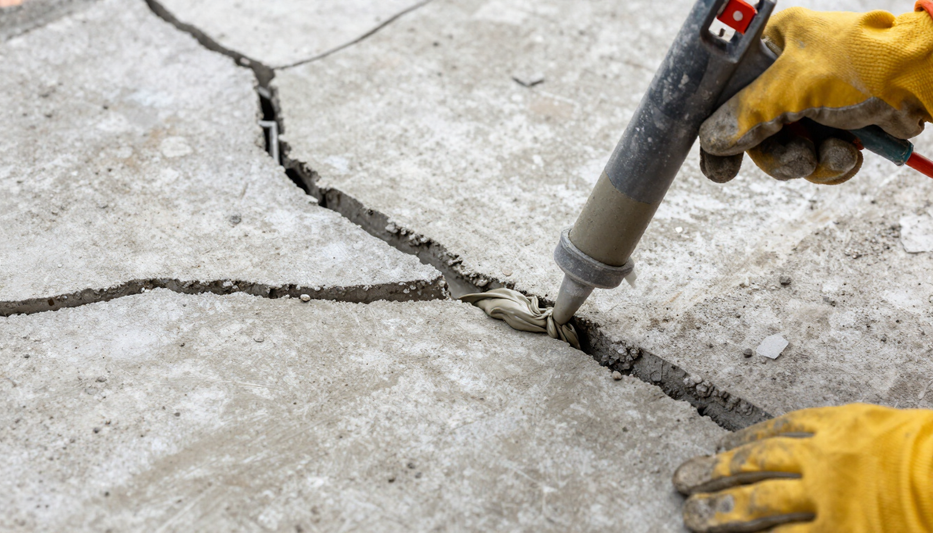 Gloved worker using a tool to cut a cracked concrete slab