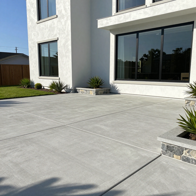 Modern house patio with a large concrete driveway and sliding glass doors