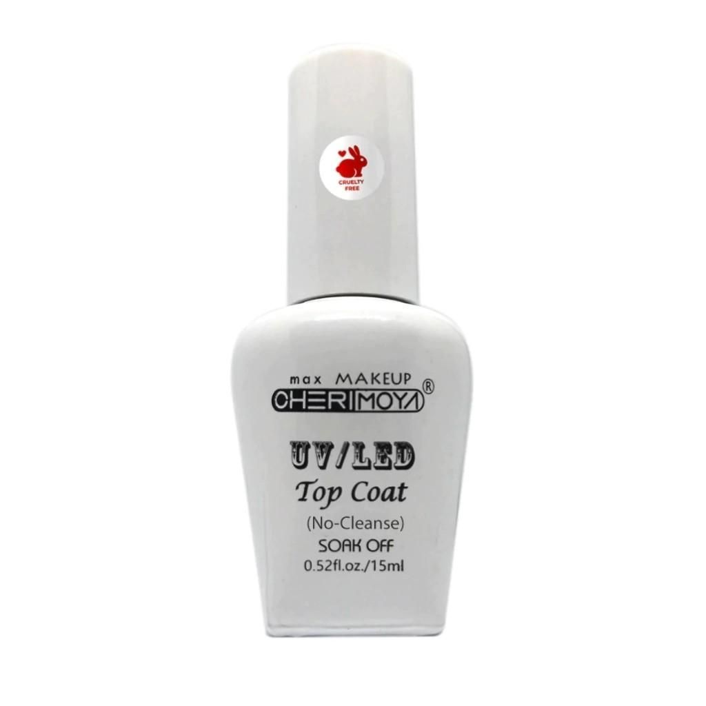 Frasco blanco de esmalte de uñas CHERMOY “Top Coat” sobre un fondo liso.