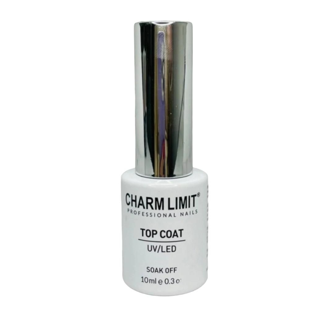 Frasco de esmalte de uñas negro con tapa plateada, etiquetado como Charmlimity Base Coat.