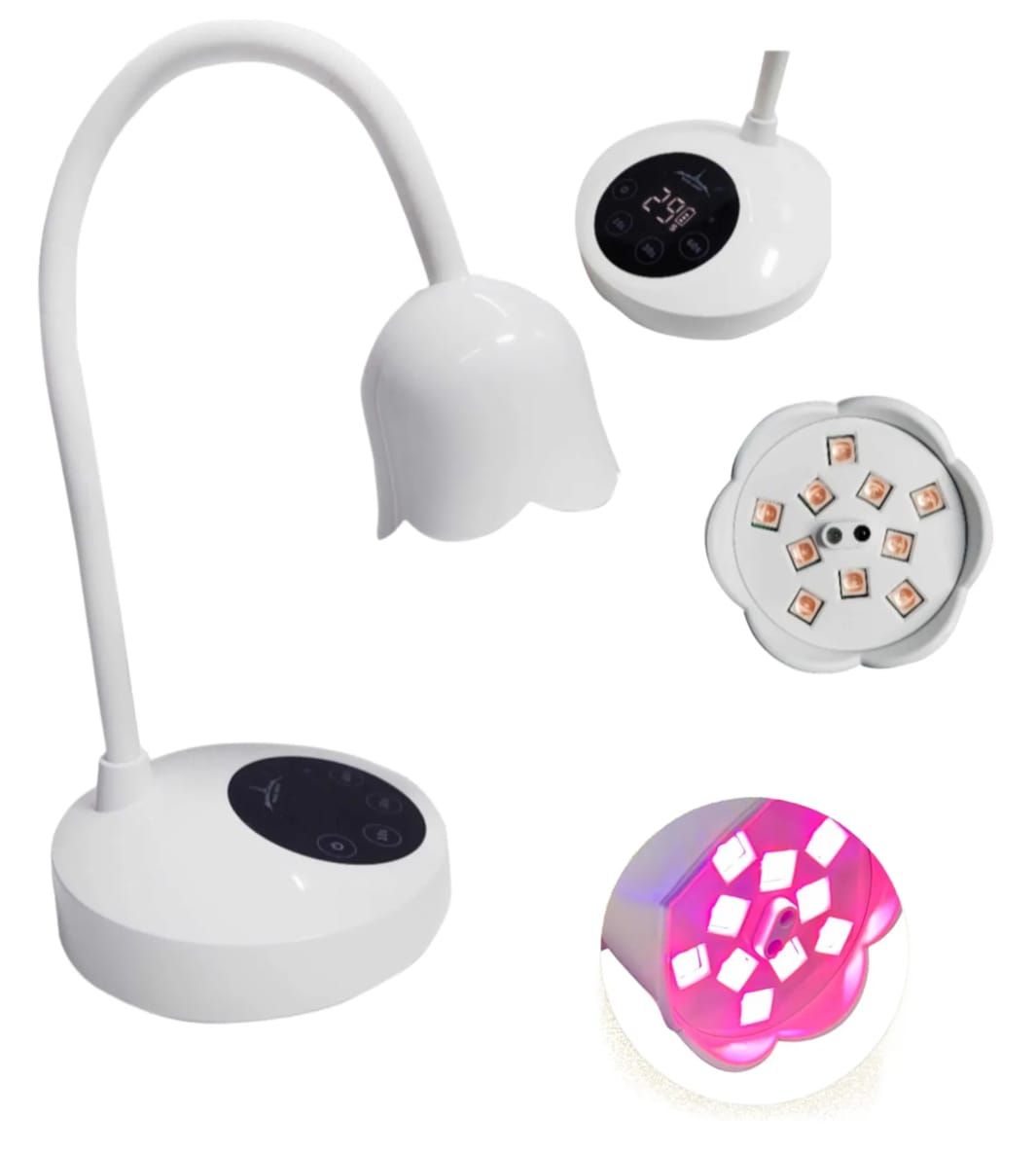 Lámpara de escritorio blanca con cuello de cisne y parte superior negra, disponible en modos de luz blanca, naranja y rosa.