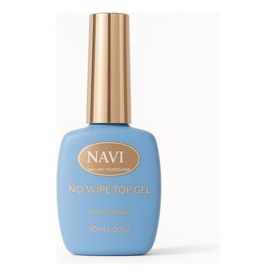Frasco de esmalte de uñas en gel azul NAVI sin necesidad de limpiar, con tapa dorada sobre fondo blanco.