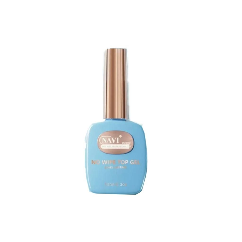 Frasco de esmalte de uñas azul con tapa dorada sobre fondo blanco