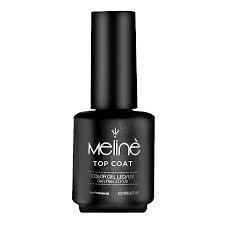 Frasco de esmalte de uñas Black Meline con capa superior sobre fondo blanco