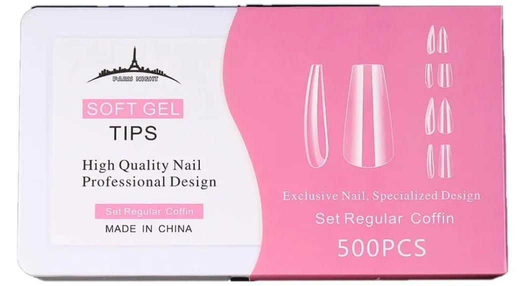 Paquete de puntas de uñas rosas y blancas con la etiqueta “SOFT GEL TIPS”, 500 unidades, con muestras de formas de uñas.
