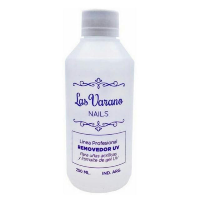 Frasco blanco de removedor UV profesional Las Varano Nails, 250 ml, con tapa gris.