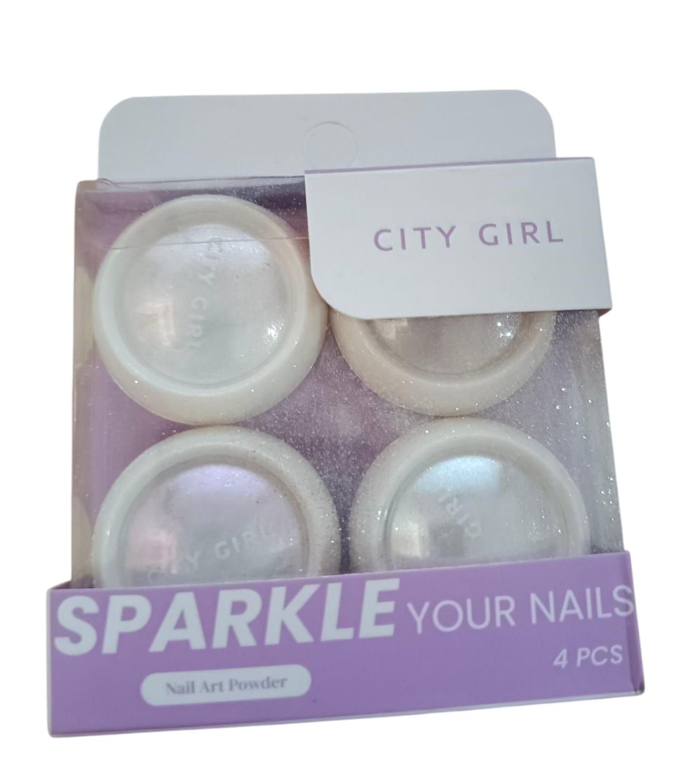 Paquete de 4 envases de purpurina para uñas City Girl Sparkle Your Nails en envase morado