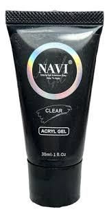 Tubo negro de gel acrílico transparente NAVI con logotipo iridiscente sobre fondo blanco.