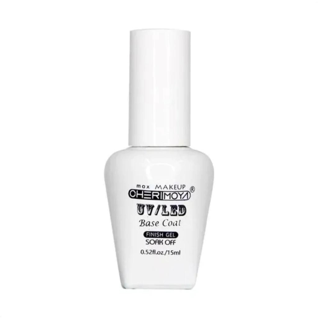Frasco blanco de esmalte de uñas base UV/LED de Modelones sobre fondo liso.
