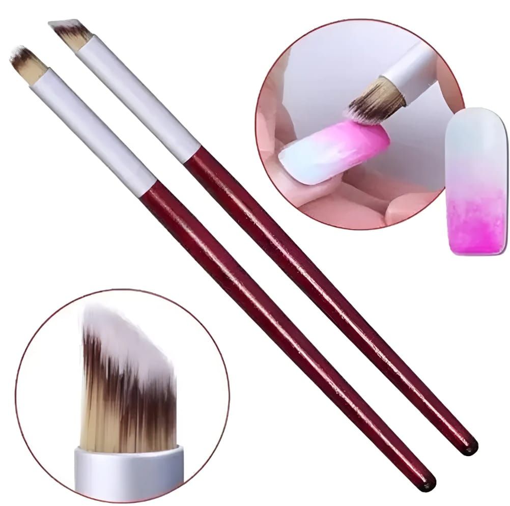 Dos pinceles de uñas con mango color granate y efecto degradado, con imágenes de primer plano que muestran las cerdas y la aplicación de gel rosa.
