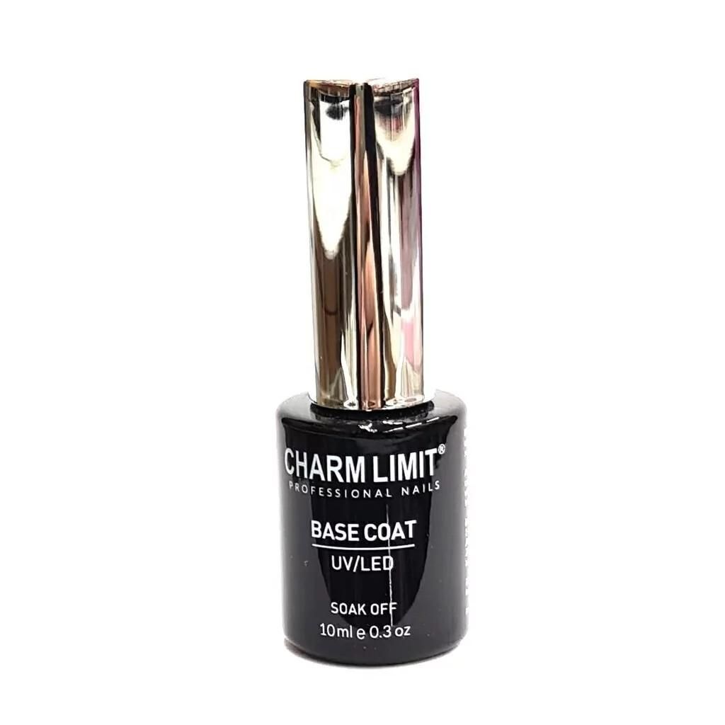 Frasco de esmalte de uñas negro con tapa plateada, etiquetado como Charmlimity Base Coat.