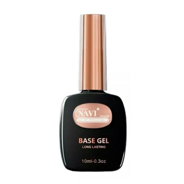 Frasco de esmalte de uñas en gel base NAVI negro con tapa color oro rosa sobre fondo blanco.