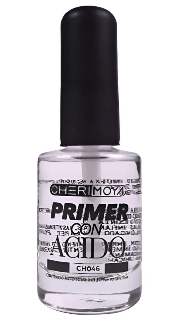 Frasco transparente para imprimación de uñas con tapa negra y etiqueta en blanco y negro con texto en negrita.