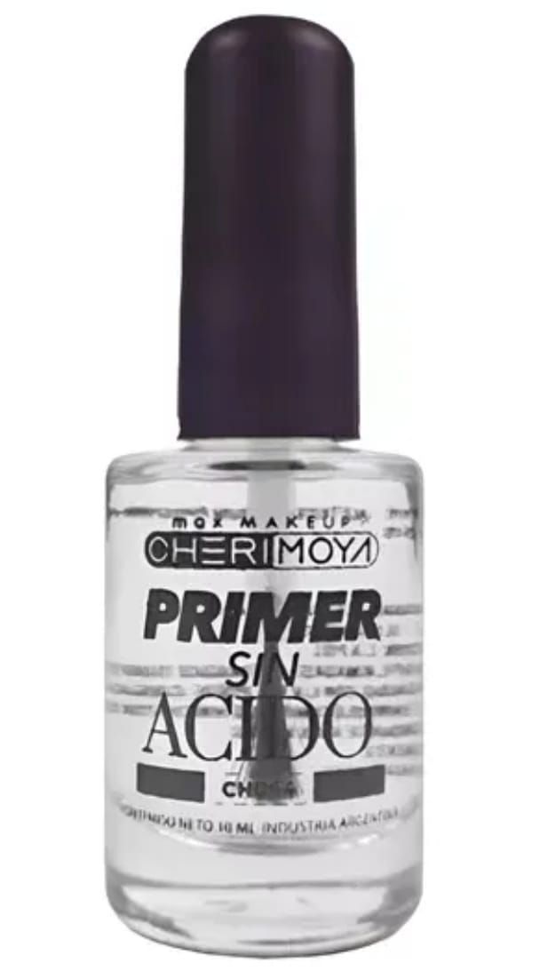 Frasco transparente para imprimación de uñas con tapa de color morado oscuro y etiqueta en blanco y negro sobre fondo blanco.